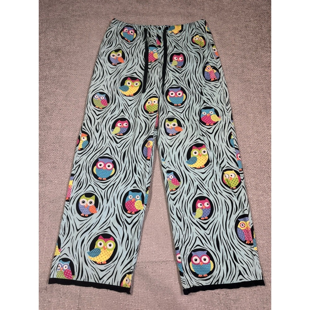 Nick & Nora Pajama Pants Womens Medium Blue Owl Print Cotton Whimsical